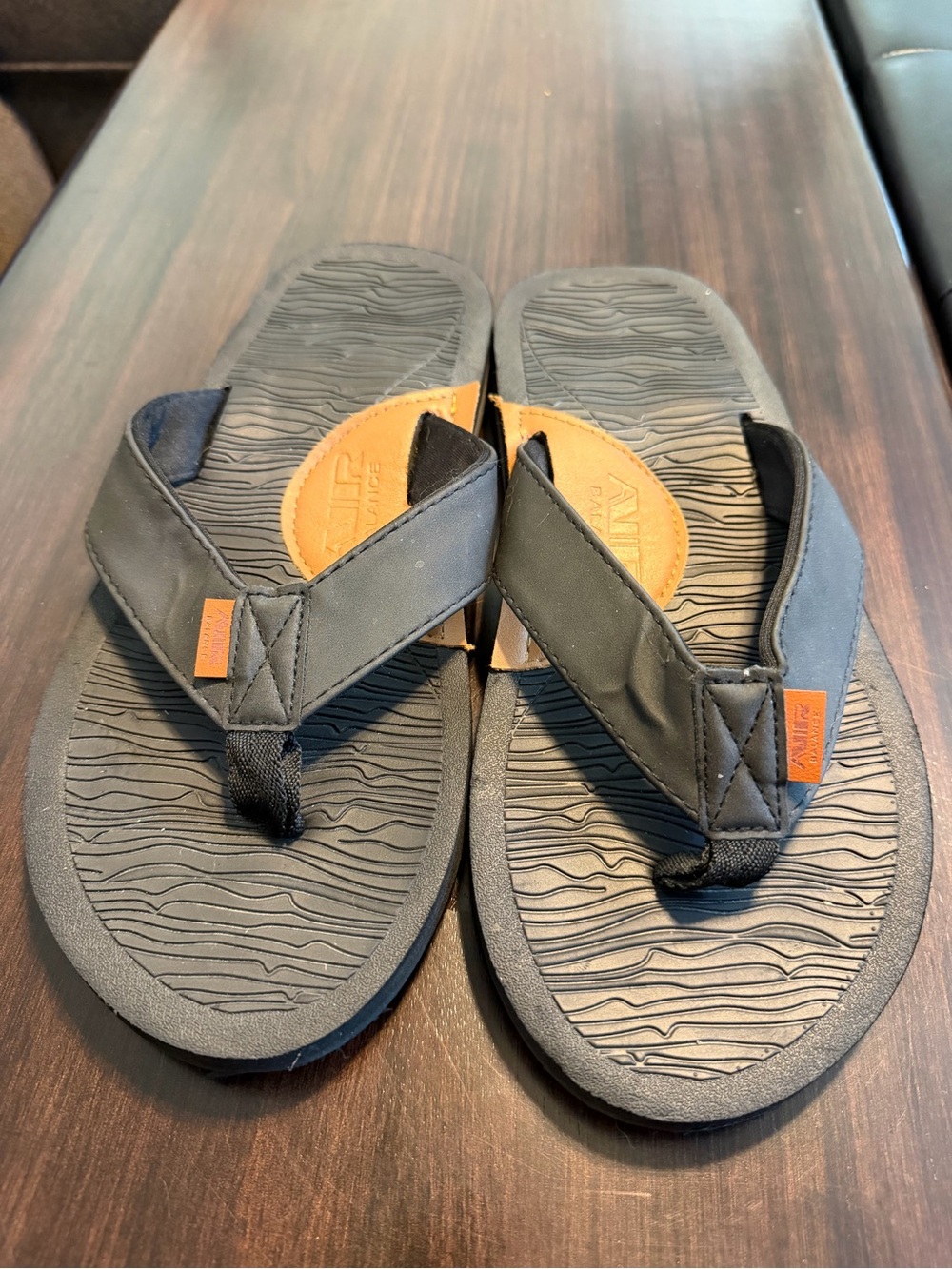 Air Balance  Men’s Black Flip Flop Sandals with Tan Accents